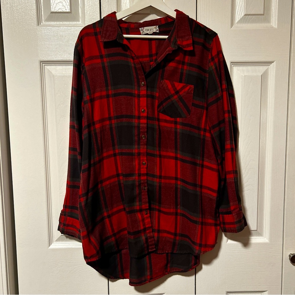 Pink Rose Red & Black Buffalo Plaid Flannel | Size XL